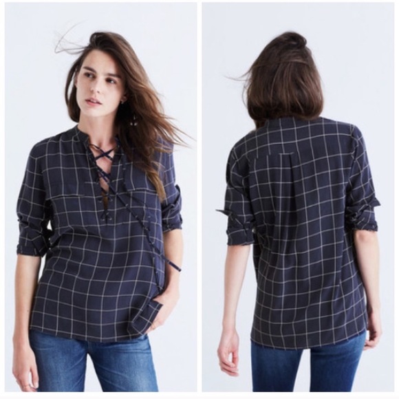 Madewell Tops - Madewell Silk Lace Up Shirt in Windowpane Plaid
